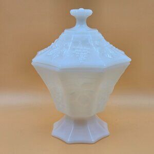 Anchor Hocking Grapes & Leaves Octagonal Milk Glass Candy Dish and Stippled Lid